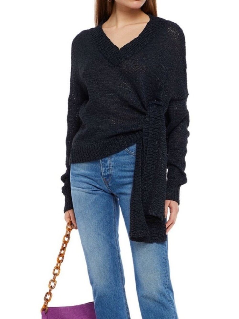 Rodebjer Knotted Open-Knit Sweater Womens XS V-neck Side-Tie Detail Long Sleeve